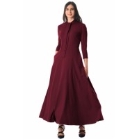 Burgundy Pocketed 3/4 Sleeves Tie Neck Maxi Dress